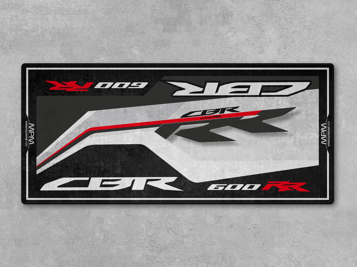 Thermoplastic Rubber pit mat for CBR600RR. A stylish rug for racetrack setup, motorcycle gear corner, or parts zone.