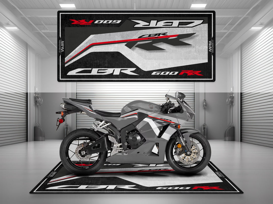 Garage mat for Honda CBR600RR in Deep Pearl Gray. Durable parking mat and floor cover for garage floor protection and showroom use.