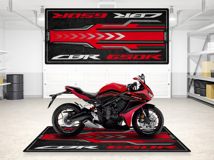 Garage mat for Honda CBR650R Grand Prix Red. Ideal parking mat for garage floor protection and everyday rider use.