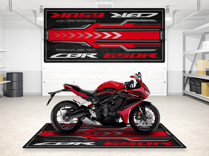 Custom pit rug for Honda CBR650R Grand Prix Red. Motorcycle display carpet for superbike garage or track prep zone.