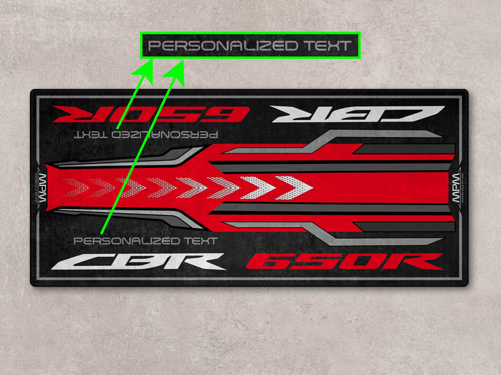Personalized garage mat designed for CBR650R riders. A perfect gift and accessory for your bike zone or showroom space.