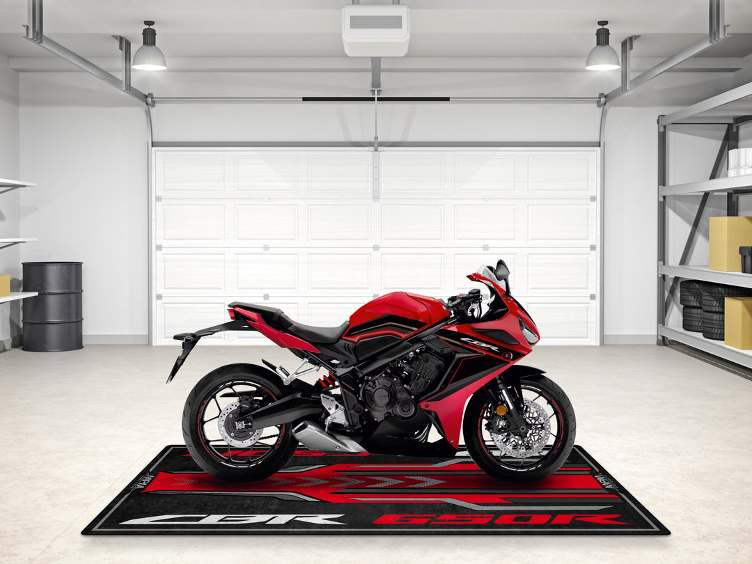 Let your Grand Prix Red CBR650R shine on this custom rug. Rider essentials meet style in this perfect parking mat upgrade.