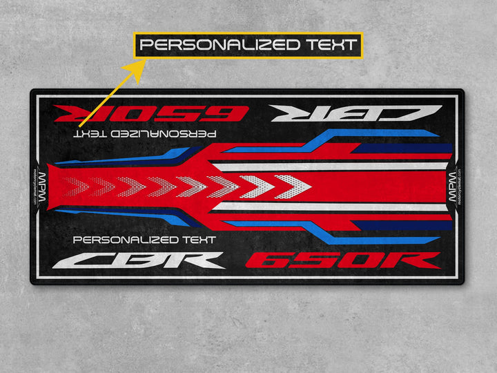 Personalized garage mat designed for CBR650R riders. A perfect gift and accessory for your bike zone or showroom space.