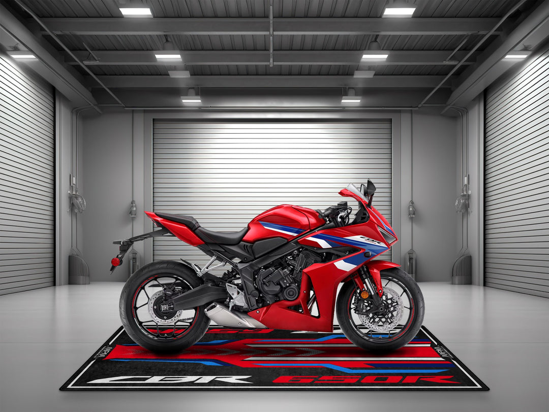 Let your Grand Prix Red CBR650R shine on this custom rug. Rider essentials meet style in this perfect parking mat upgrade.