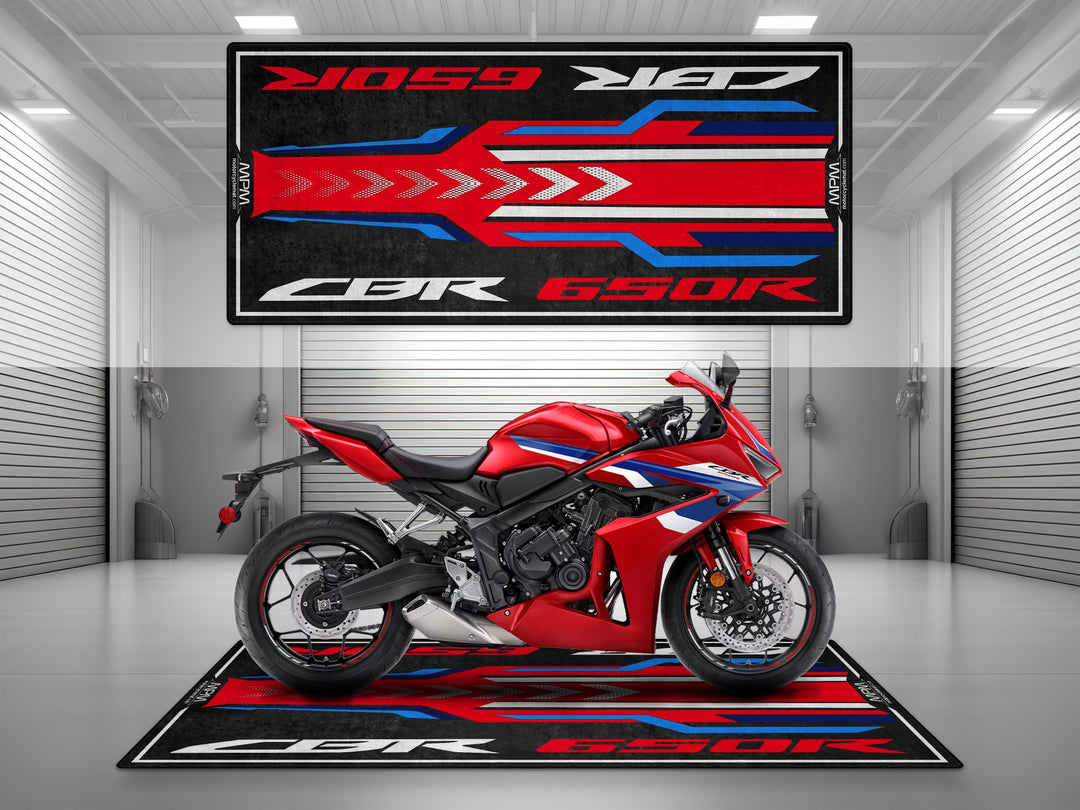 Garage mat for Honda CBR650R Grand Prix Red. Ideal parking mat for garage floor protection and everyday rider use.