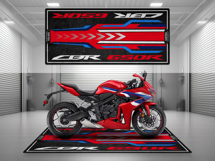 Garage mat for Honda CBR650R Grand Prix Red. Ideal parking mat for garage floor protection and everyday rider use.