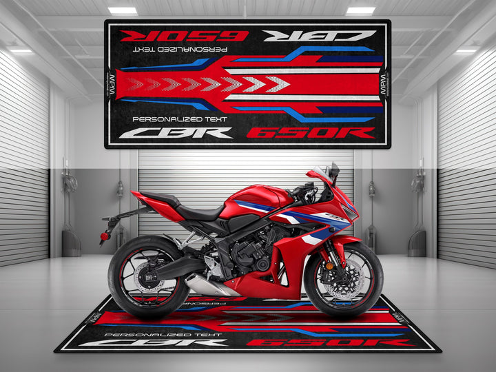Custom pit rug for Honda CBR650R Grand Prix Red. Motorcycle display carpet for superbike garage or track prep zone.