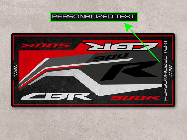 Custom pit rug for Honda CBR500R riders. Personalized garage mat for superbike garage, parts space, or rider essentials.
