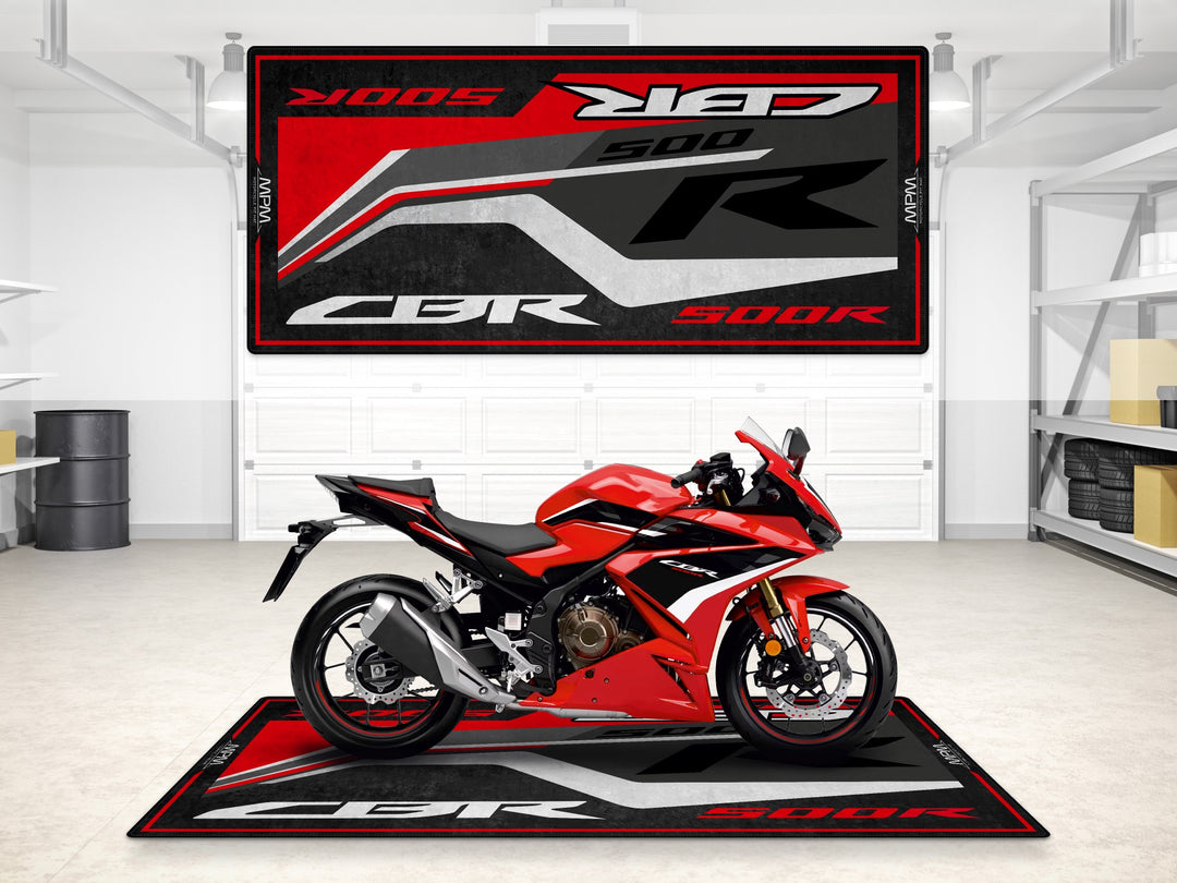Garage mat for Honda CBR500R Grand Prix Red. Thermoplastic Rubber parking mat for garage floor protection and bold display.