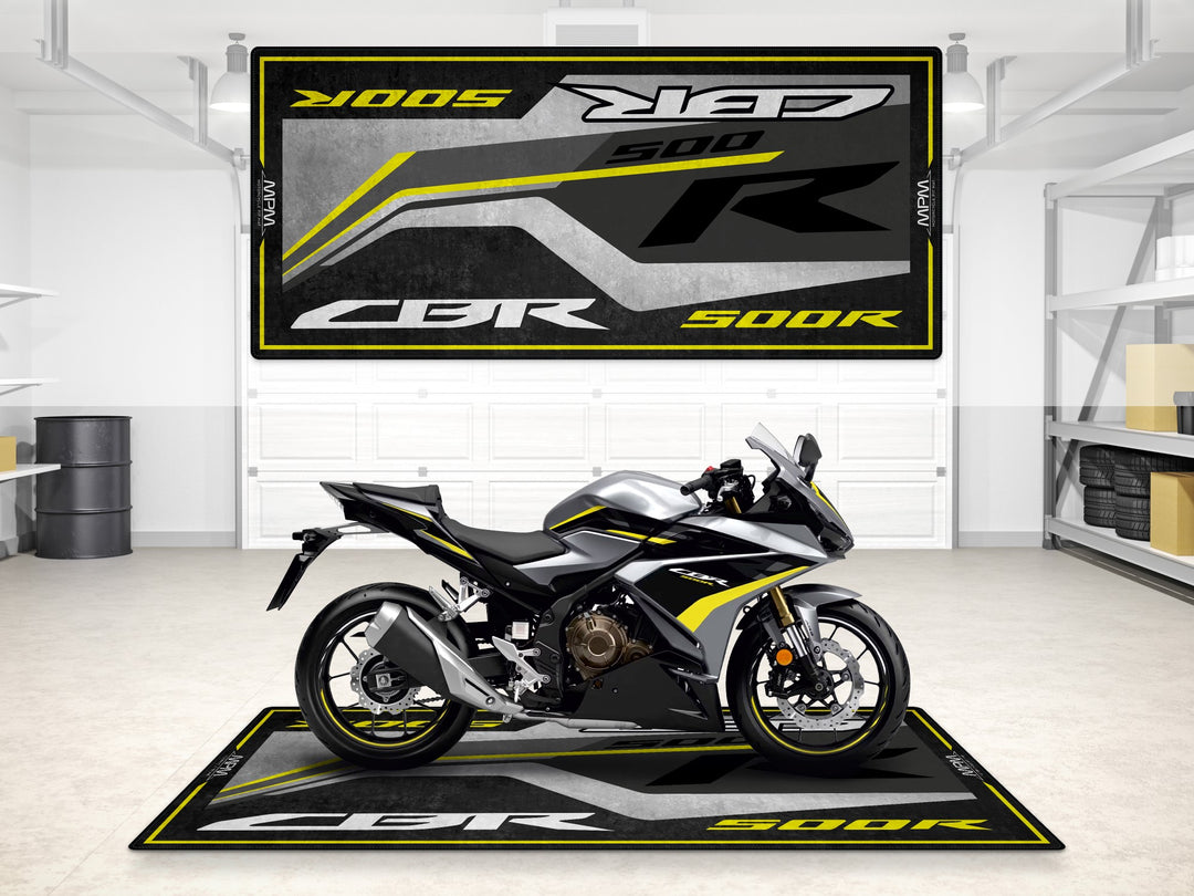 Garage mat for Honda CBR500R Sword Silver Metallic. Durable Thermoplastic Rubber rug for parking mat and garage floor protection.