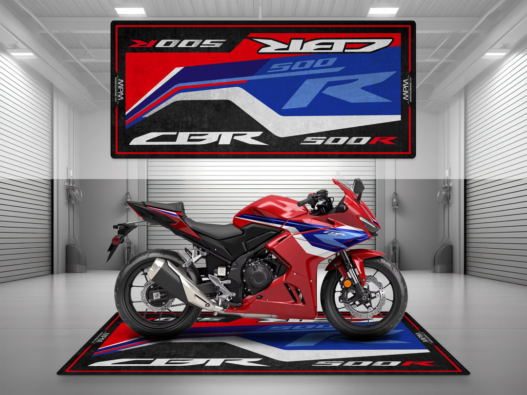 Garage mat for Honda CBR500R Grand Prix Red 2024. Thermoplastic Rubber parking mat with bold design and garage floor protection.