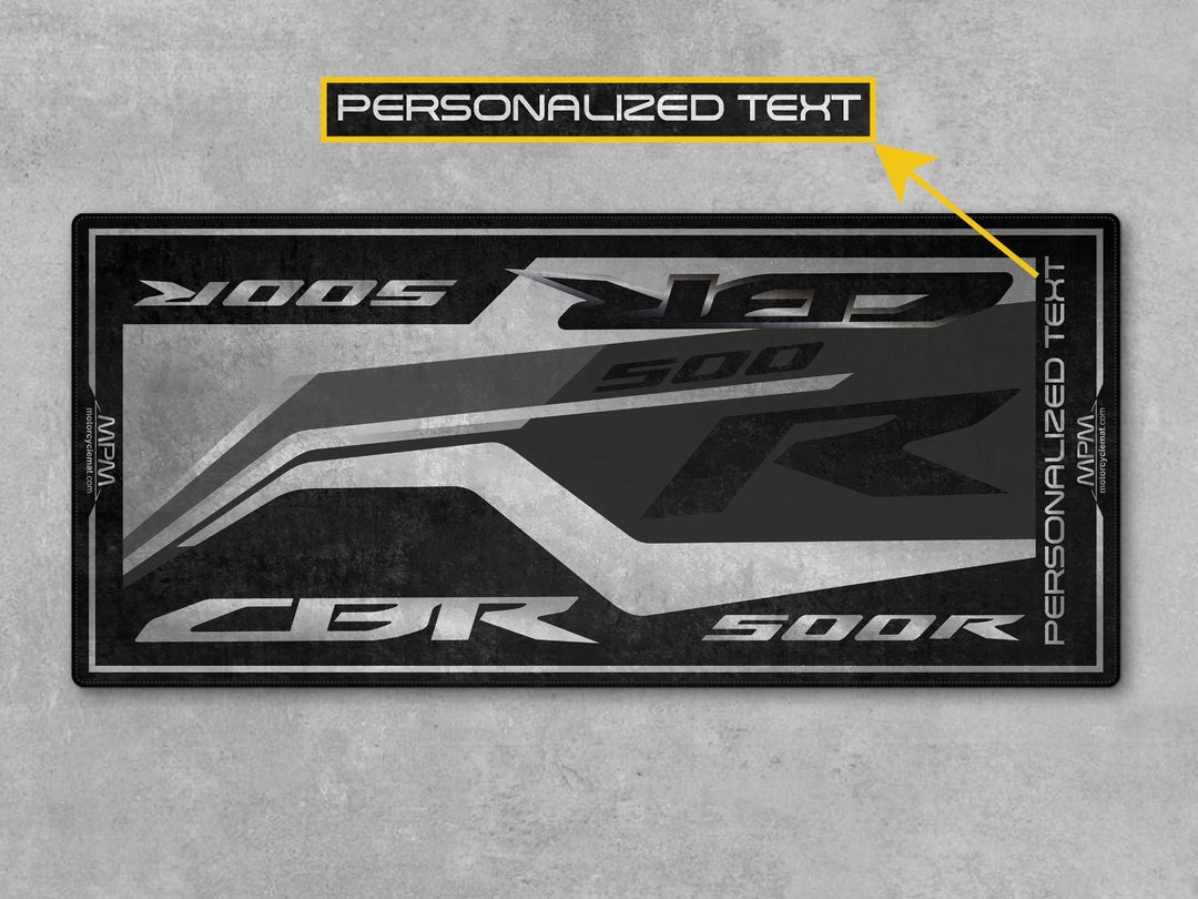 Custom pit rug for CBR500R Matte Black. Personalized garage mat for superbike garage, parts area, or rider essentials corner.