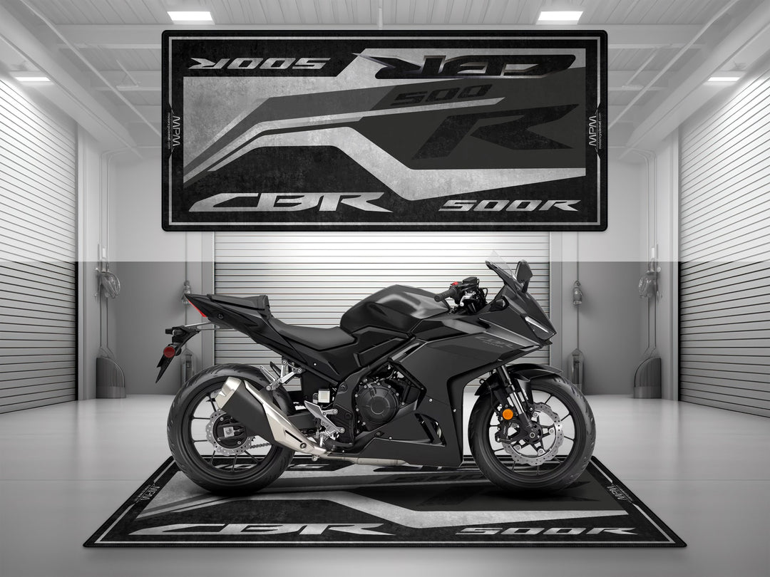Garage mat for Honda CBR500R Matte Black Metallic. A sleek parking mat and floor cover for garage floor protection and daily use.