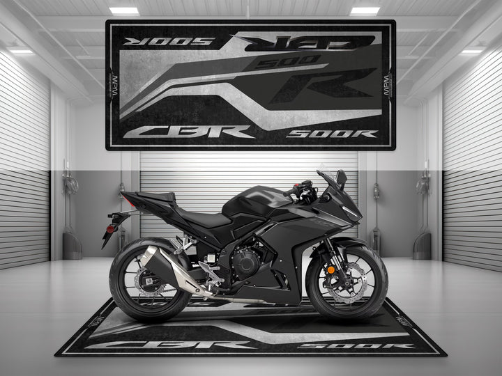 Garage mat for Honda CBR500R Matte Black Metallic. A sleek parking mat and floor cover for garage floor protection and daily use.