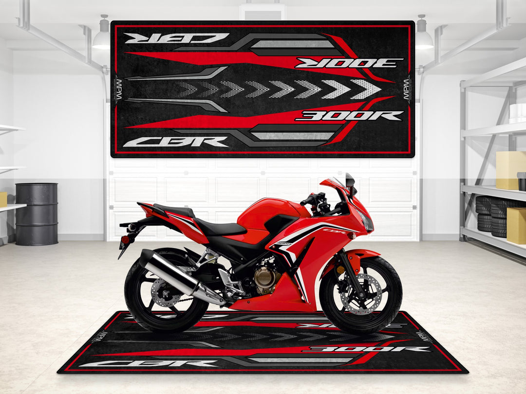 Garage mat for Honda CBR300R Grand Prix Red. Rug made from Thermoplastic Rubber for parking mat use and garage floor protection.