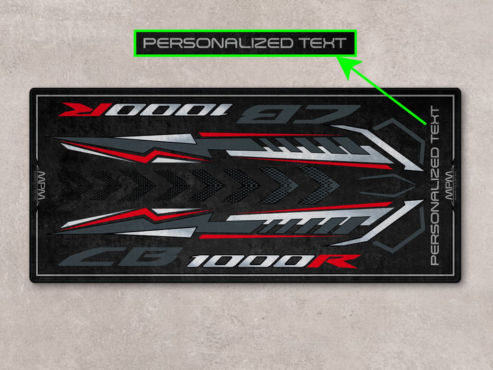 Personalized garage mat for CB1000R Black Edition riders. Great gift and accessory for track prep or showroom setup.