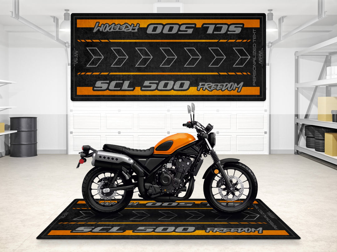 Custom pit rug for Honda SCL500 Freedom edition. Personalized motorcycle display carpet perfect for superbike garage or bike zone.