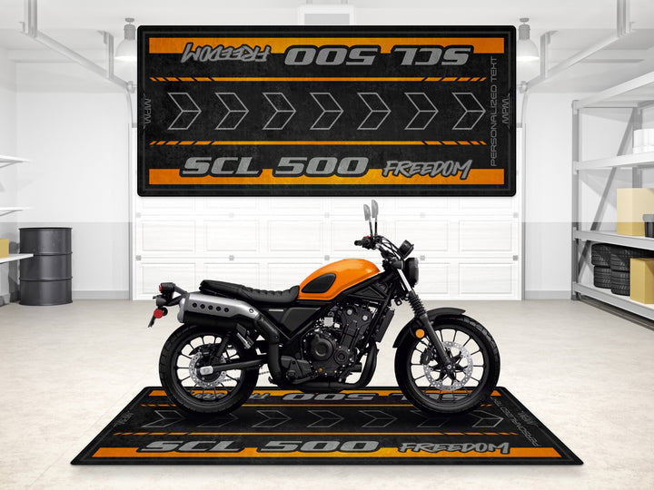 Custom pit rug for Honda SCL500 Freedom edition. Personalized motorcycle display carpet perfect for superbike garage or bike zone.