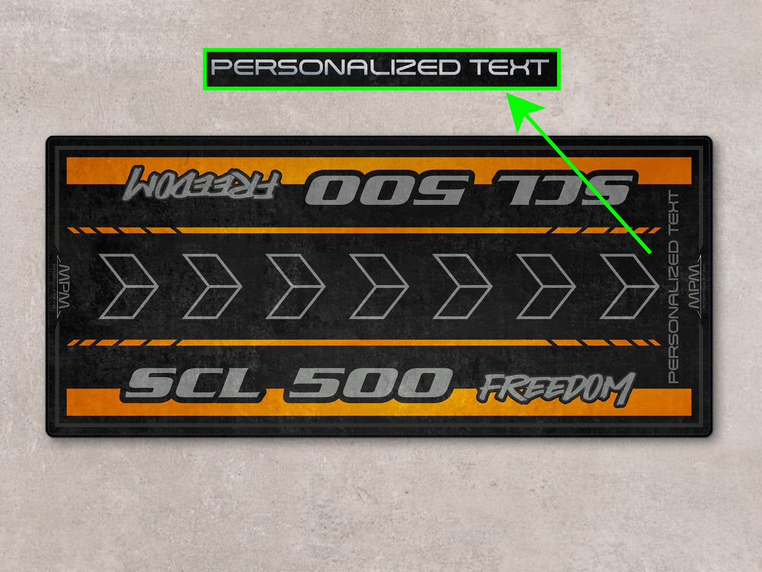 Personalized garage mat for SCL500 Candy Orange. Ideal gift and accessory for riders looking to upgrade their track prep space.