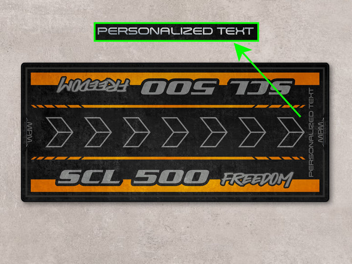 Personalized garage mat for SCL500 Candy Orange. Ideal gift and accessory for riders looking to upgrade their track prep space.