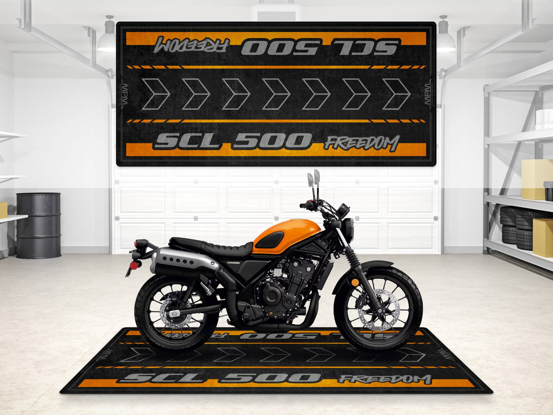 Garage mat for Honda SCL500 Candy Orange. A durable parking mat and floor cover made for garage floor protection and everyday use.