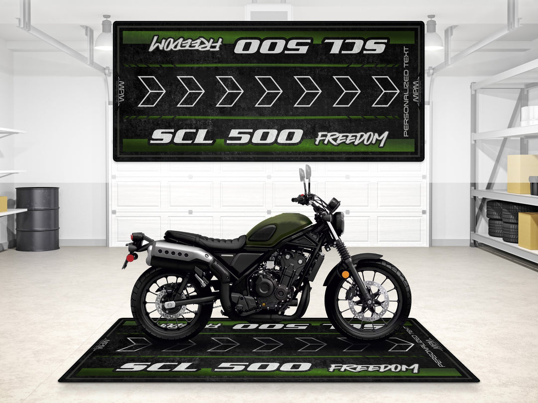 Custom pit rug for Honda SCL500 Matte Green. Personalized motorcycle display mat for your bike zone or superbike garage setup.