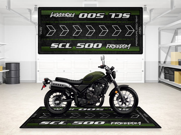 Custom pit rug for Honda SCL500 Matte Green. Personalized motorcycle display mat for your bike zone or superbike garage setup.