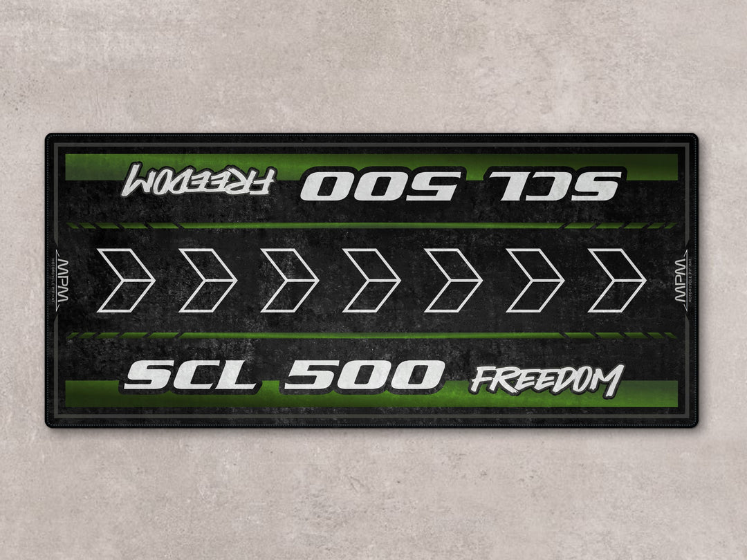 Durable pit mat for SCL500 Freedom edition. Floor cover perfect for showroom display, parts zone, or motorcycle gear area.
