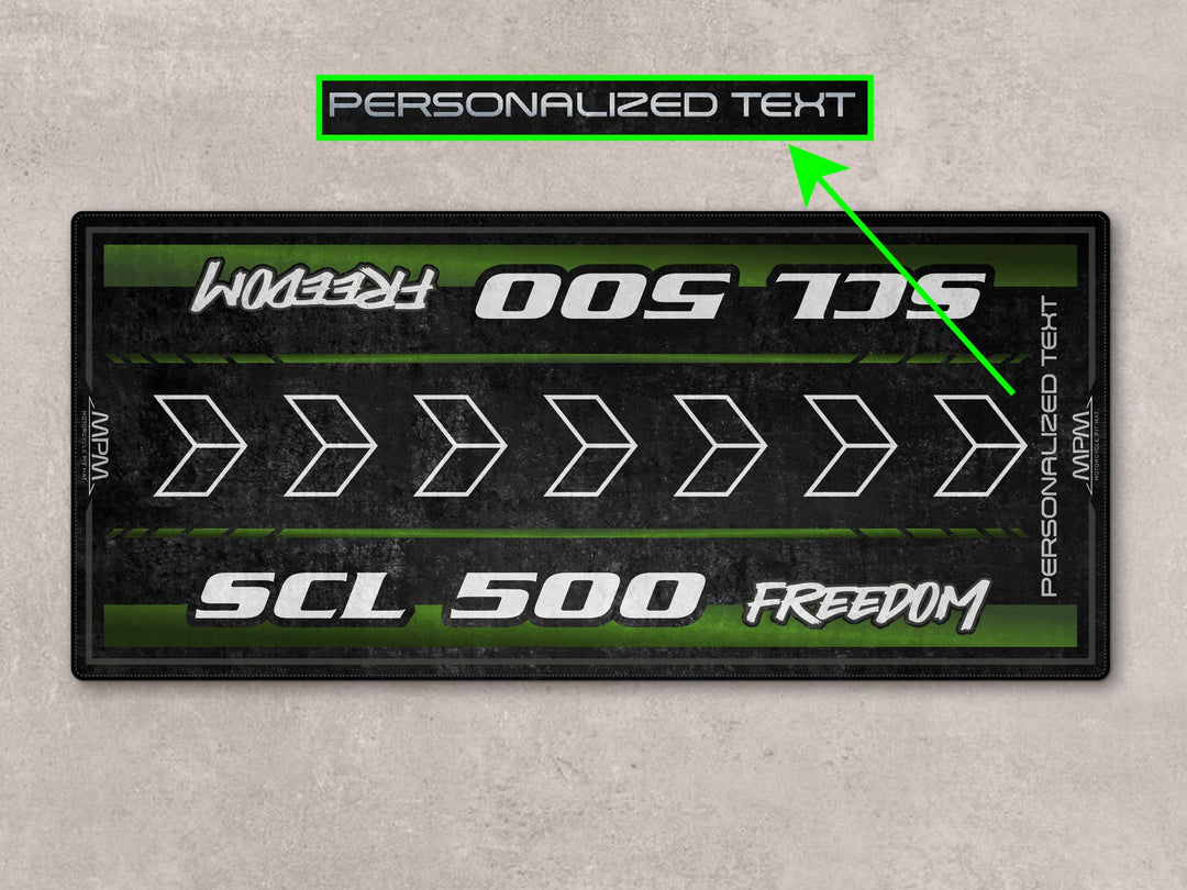 Personalized garage mat for SCL500 Freedom riders. A perfect gift and rider essential for track prep or accessory corner.