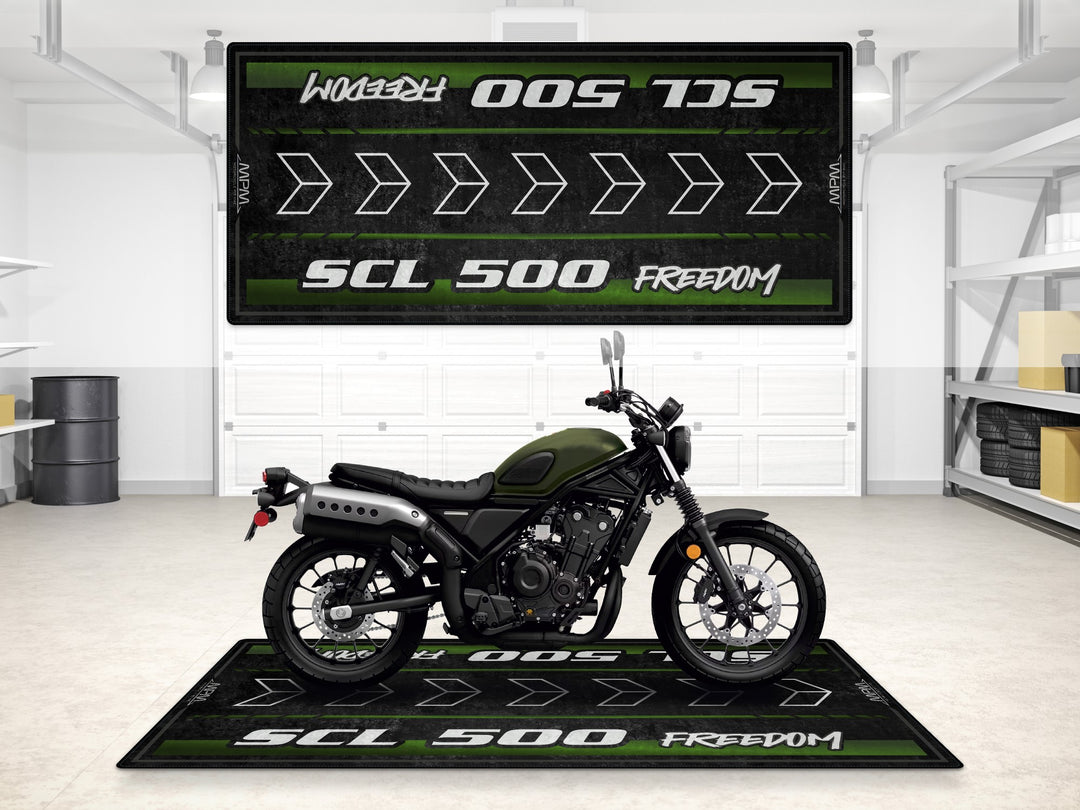 Garage mat for Honda SCL500 Matte Laurel Green. Parking mat with Thermoplastic Rubber base for garage floor protection and rugged style.