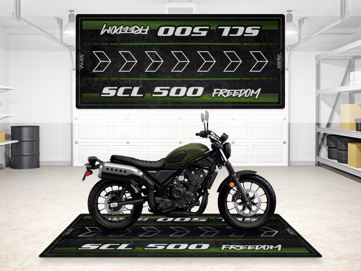 Garage mat for Honda SCL500 Matte Laurel Green. Parking mat with Thermoplastic Rubber base for garage floor protection and rugged style.