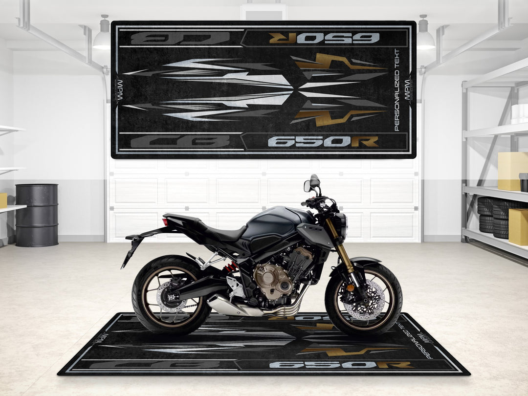 Custom pit rug for CB650R riders. Personalized motorcycle display mat ideal for bike zone, track prep, or superbike garage.