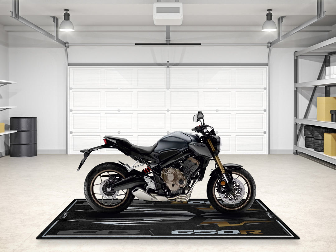 Bring your CB650R Matte Gray to life with this custom garage mat. A bold pit rug made for performance and display.