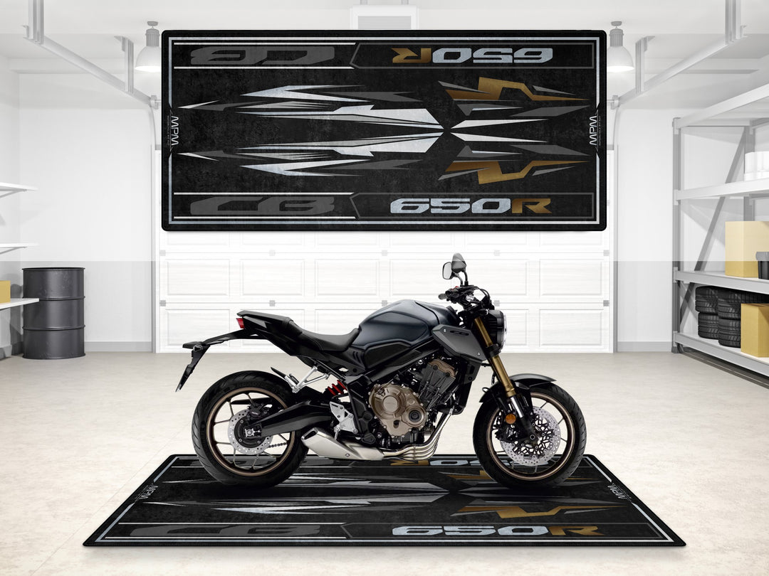 Garage mat for Honda CB650R Matte Gray Metallic. Rugged Thermoplastic Rubber parking mat for garage floor protection.