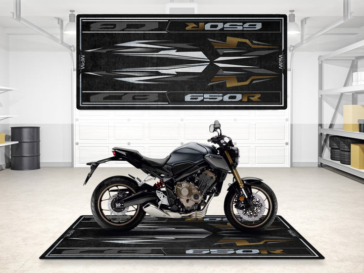 Garage mat for Honda CB650R Matte Gray Metallic. Rugged Thermoplastic Rubber parking mat for garage floor protection.