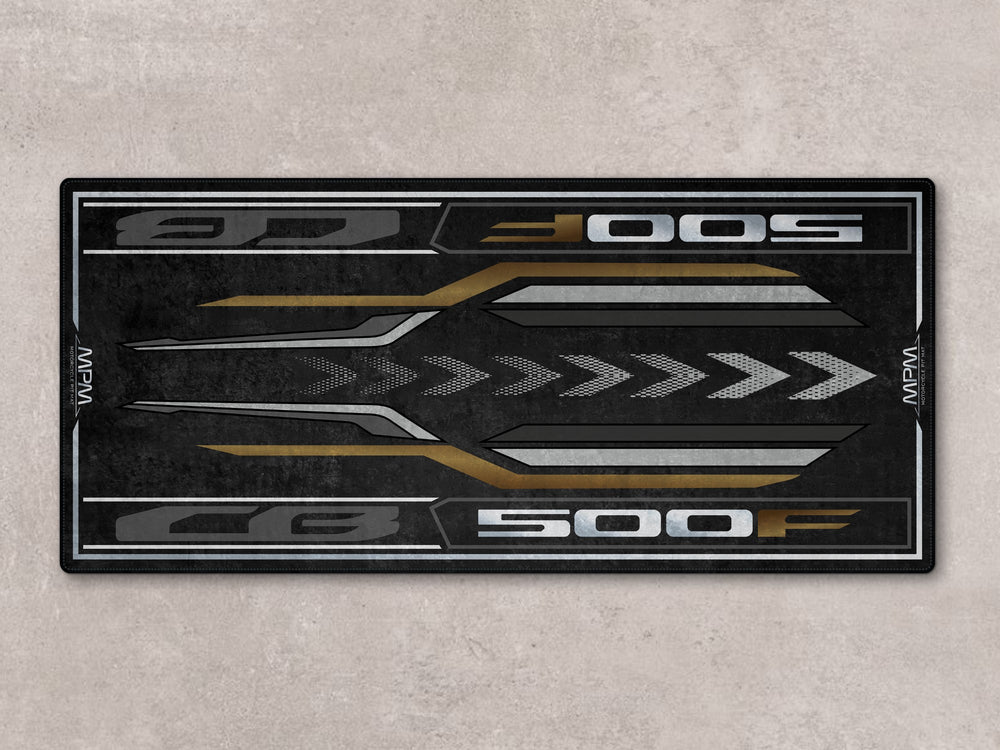 Rug-style parking mat for CB500F. Ideal pit mat and carpet combo for racetrack, track prep, and motorcycle gear or accessory setups.
