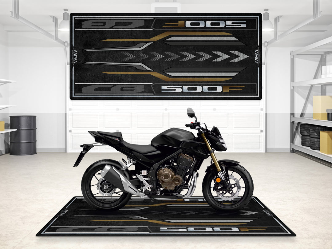Garage mat for Honda CB500F Matte Gray Metallic. Thermoplastic Rubber floor cover for garage floor protection and showroom display.