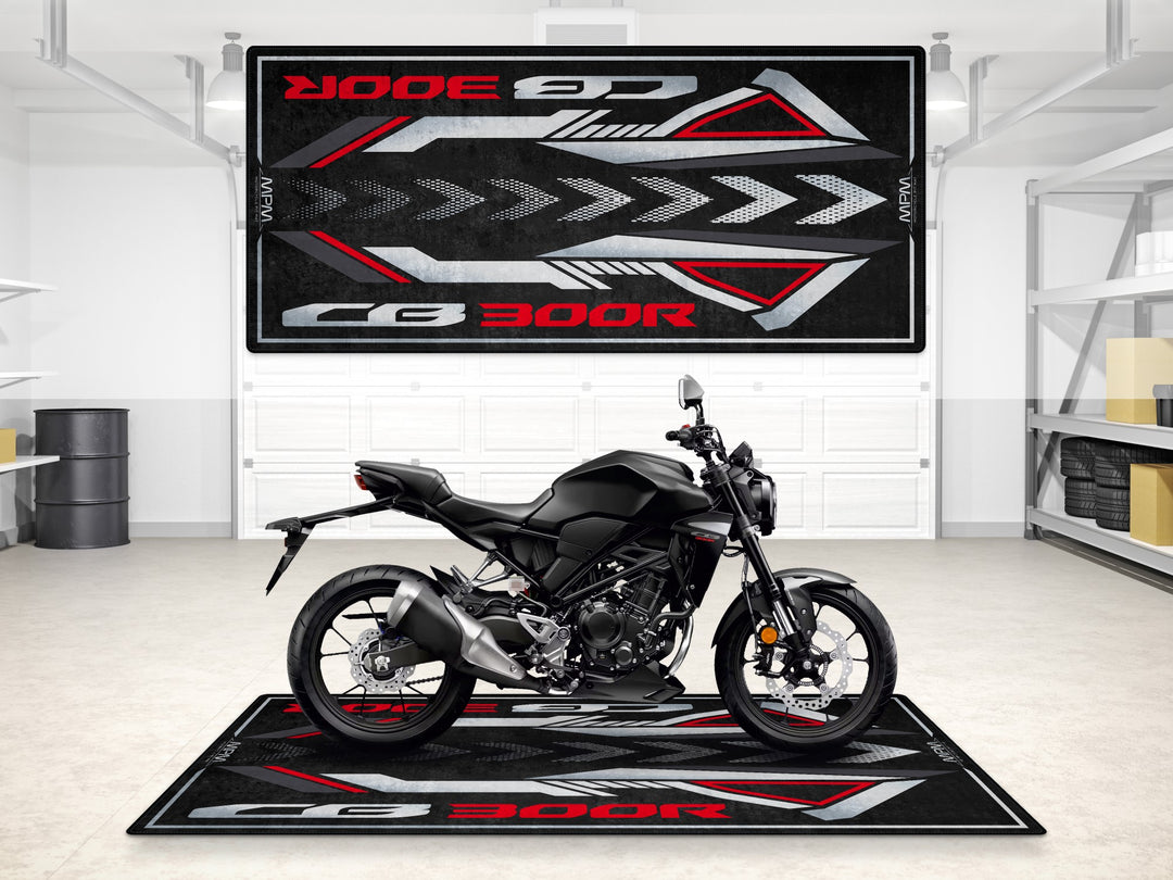 Garage mat for Honda CB300R Matte Black Metallic. A premium parking mat and floor cover for garage floor protection and showroom use.