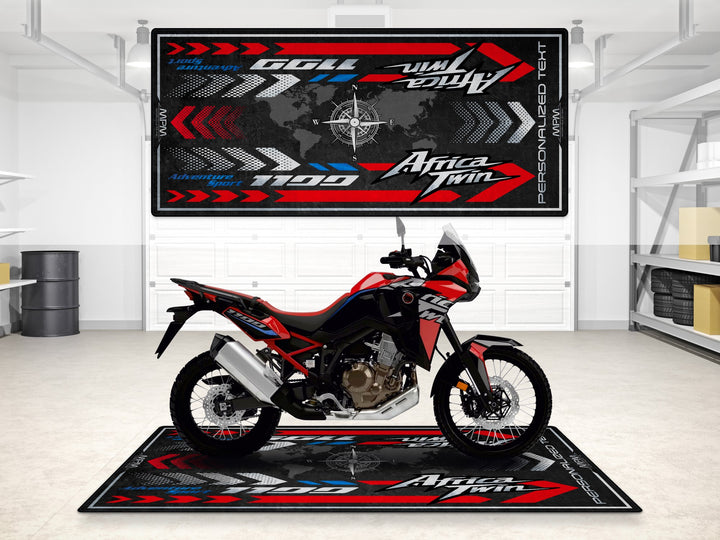 Custom pit rug for Africa Twin riders. Personalized motorcycle display mat for your superbike garage, track prep, or bike zone.