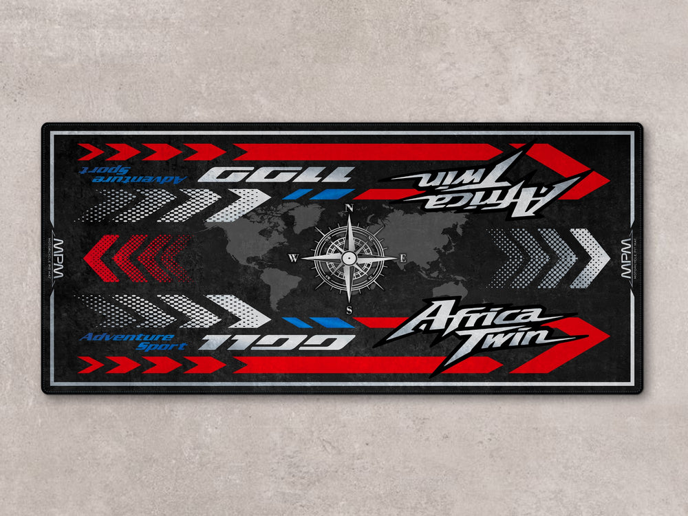 Adventure-ready pit mat for Africa Twin. Premium floor cover for showroom display, racetrack setup, or motorcycle gear zone.