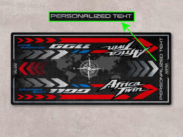 Personalized garage mat designed for Africa Twin Grand Prix Red. A unique gift and rider essential for long-distance adventurers.
