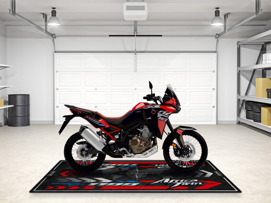 Take your Africa Twin beyond the road with this adventure-ready garage mat. A bold custom pit rug for exploration lovers.