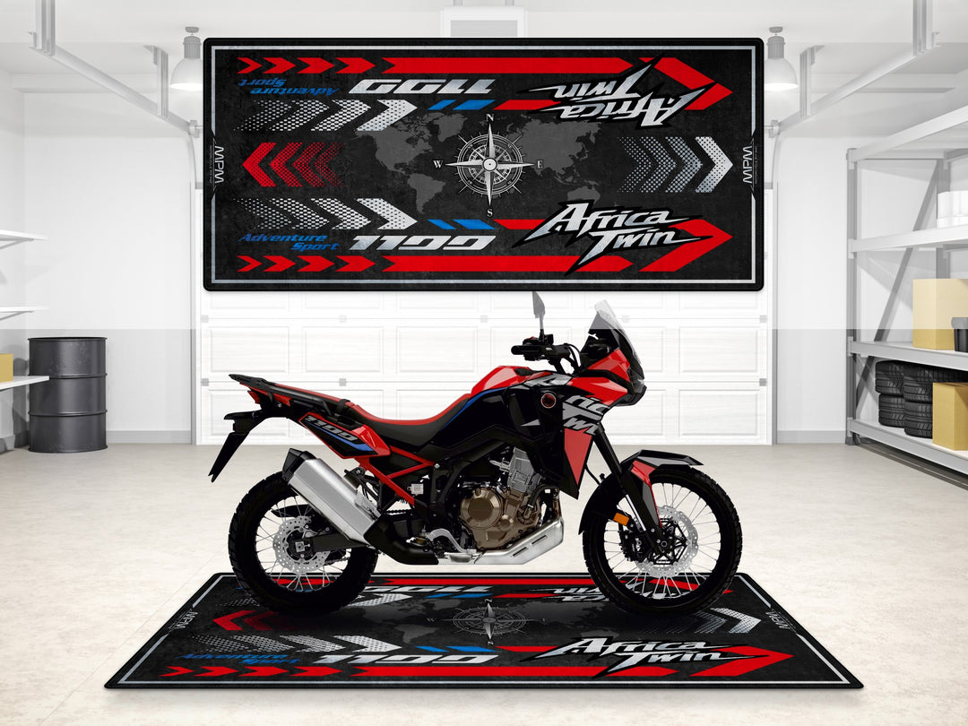 Garage mat for Honda Africa Twin Adventure Sports. Grand Prix Red parking mat with rugged Thermoplastic Rubber for garage floor protection.