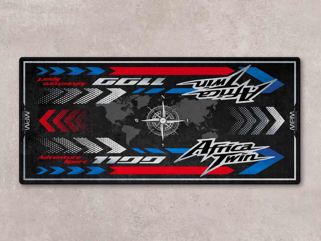Thermoplastic Rubber pit mat designed for Africa Twin. Ideal rug for racetrack, showroom, or motorcycle gear display area.