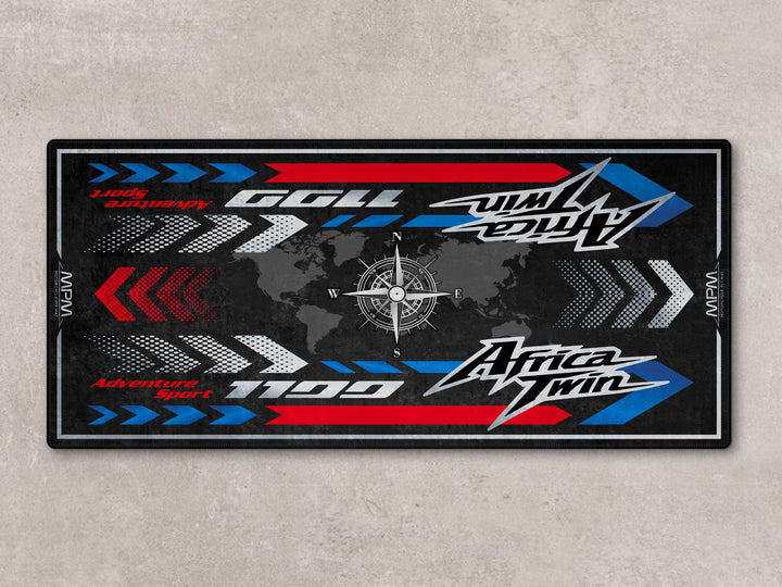 Thermoplastic Rubber pit mat designed for Africa Twin. Ideal rug for racetrack, showroom, or motorcycle gear display area.