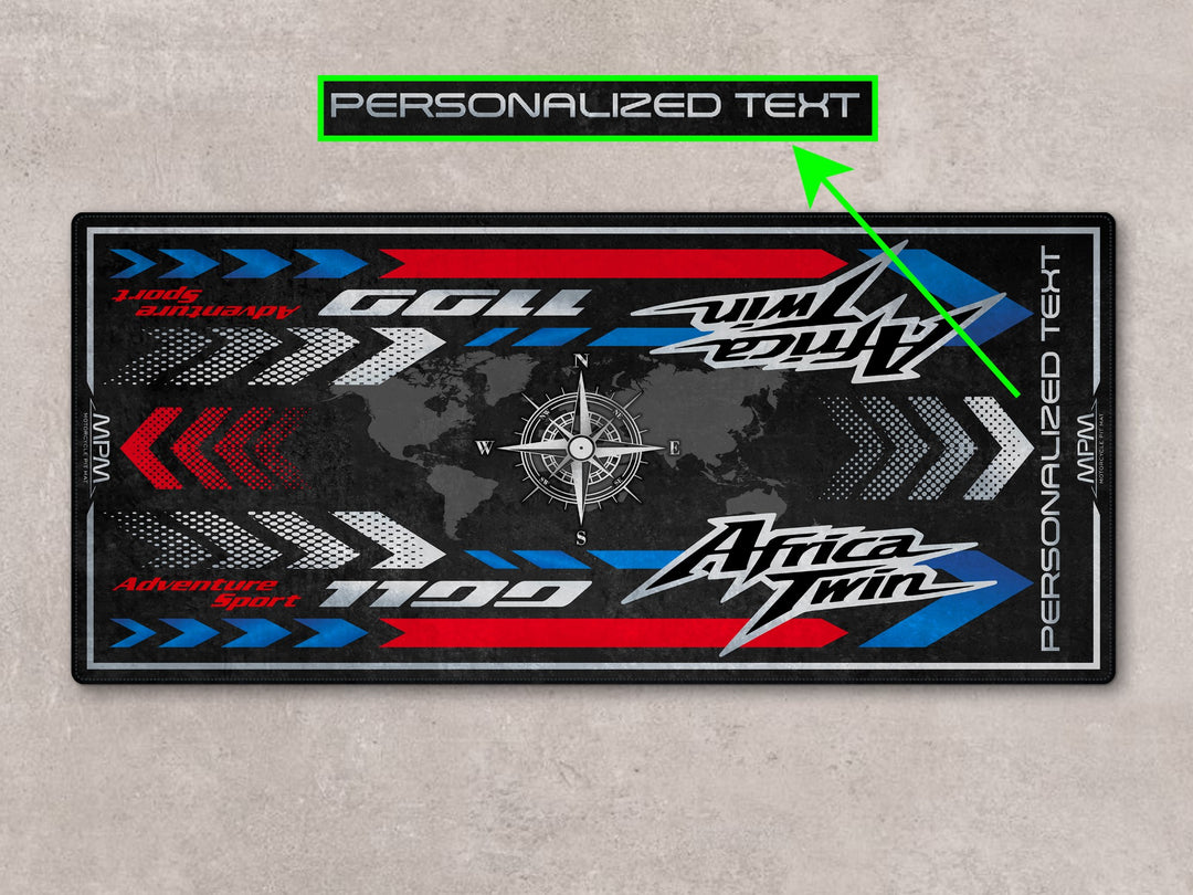 Personalized garage mat for Honda Africa Twin riders. Great gift and accessory for bike zone, parts space, or rider essentials.