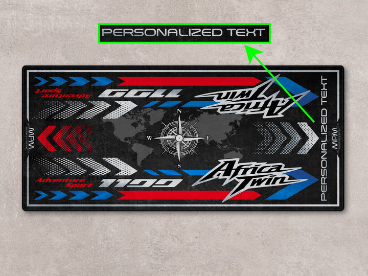 Personalized garage mat for Honda Africa Twin riders. Great gift and accessory for bike zone, parts space, or rider essentials.