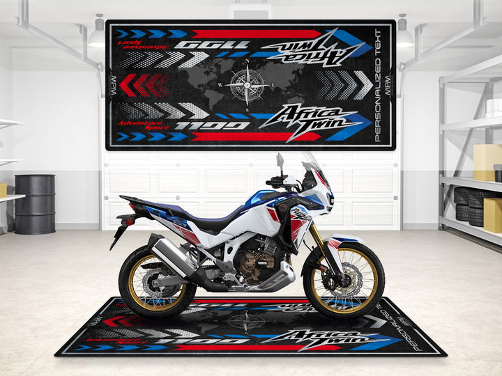 Custom pit rug for Africa Twin White edition. Personalized motorcycle display mat for superbike garage and adventure prep zone.