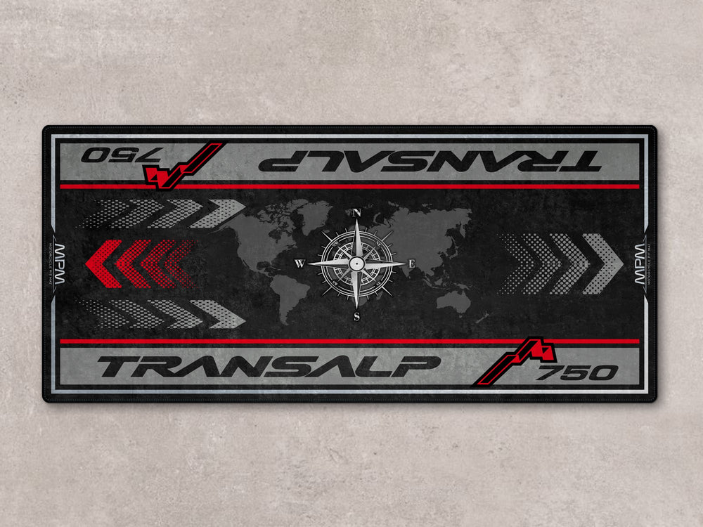 Motorcycle pit mat designed for adventure riders. Anti-slip Thermoplastic Rubber rug for parts and gear zones.