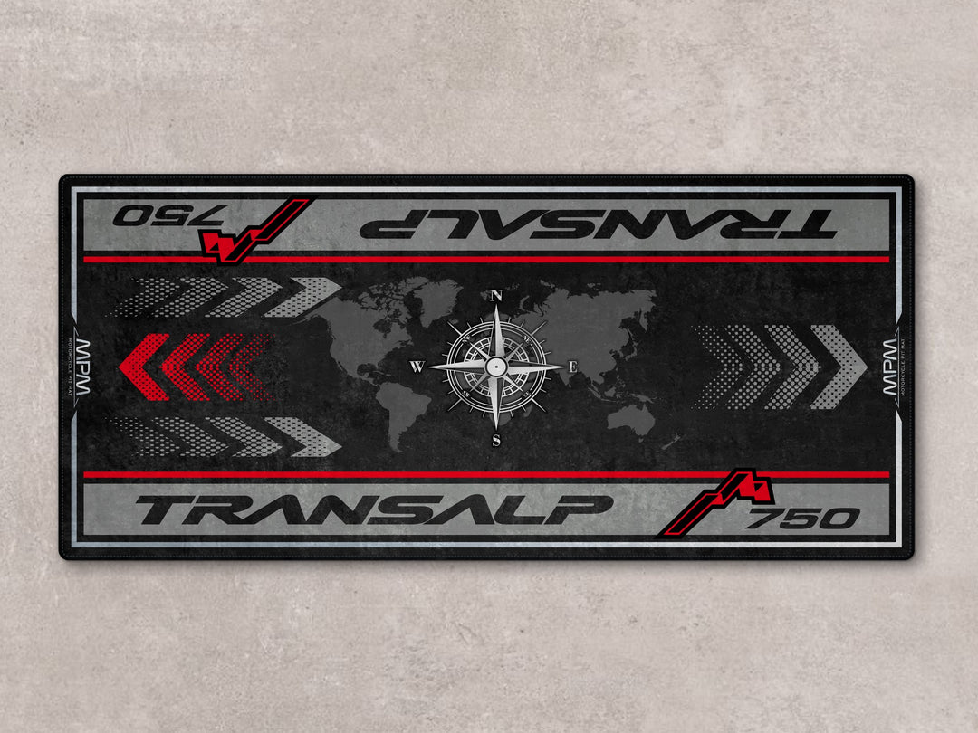 Motorcycle pit mat designed for adventure riders. Anti-slip Thermoplastic Rubber rug for parts and gear zones.